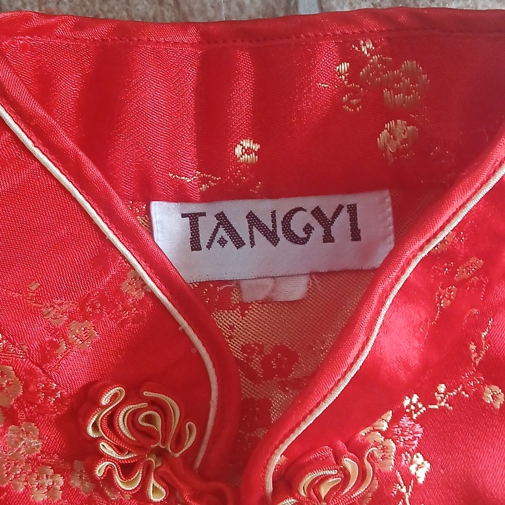 EYC TangiRed Satin Chinese Style Button-Up Top with Gold Floral Detail - Picture 3 of 6